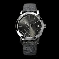 Burberry watch with black face and leather strap on a white background