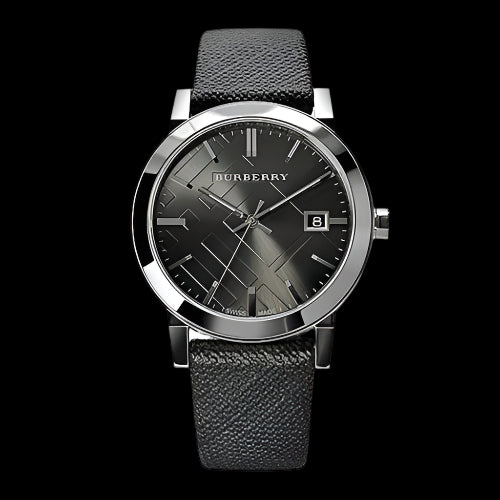 Burberry watch with black face and leather strap on a white background