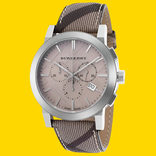 Burberry watch with checkered strap on a white background